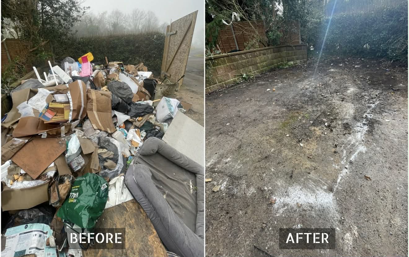 Rubbish clearance before and after showing cleared garden